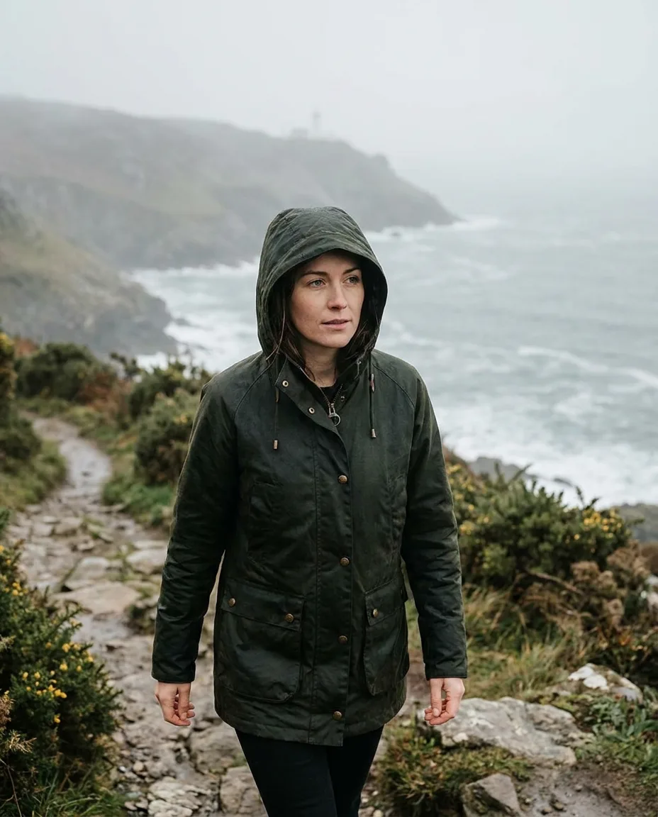 A woman in a hooded jacket on a misty seaside path