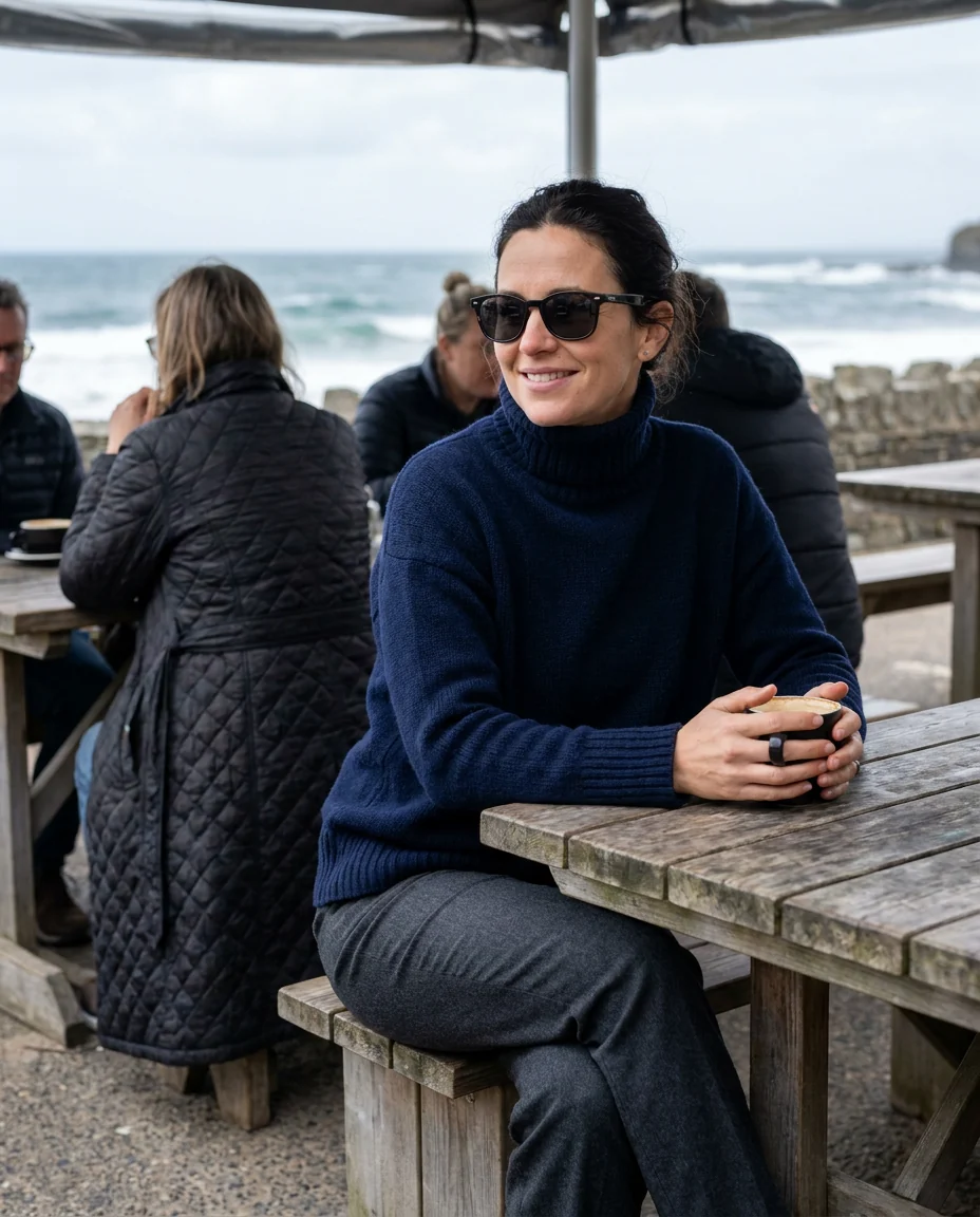 A woman in sunglasses at a seaside café