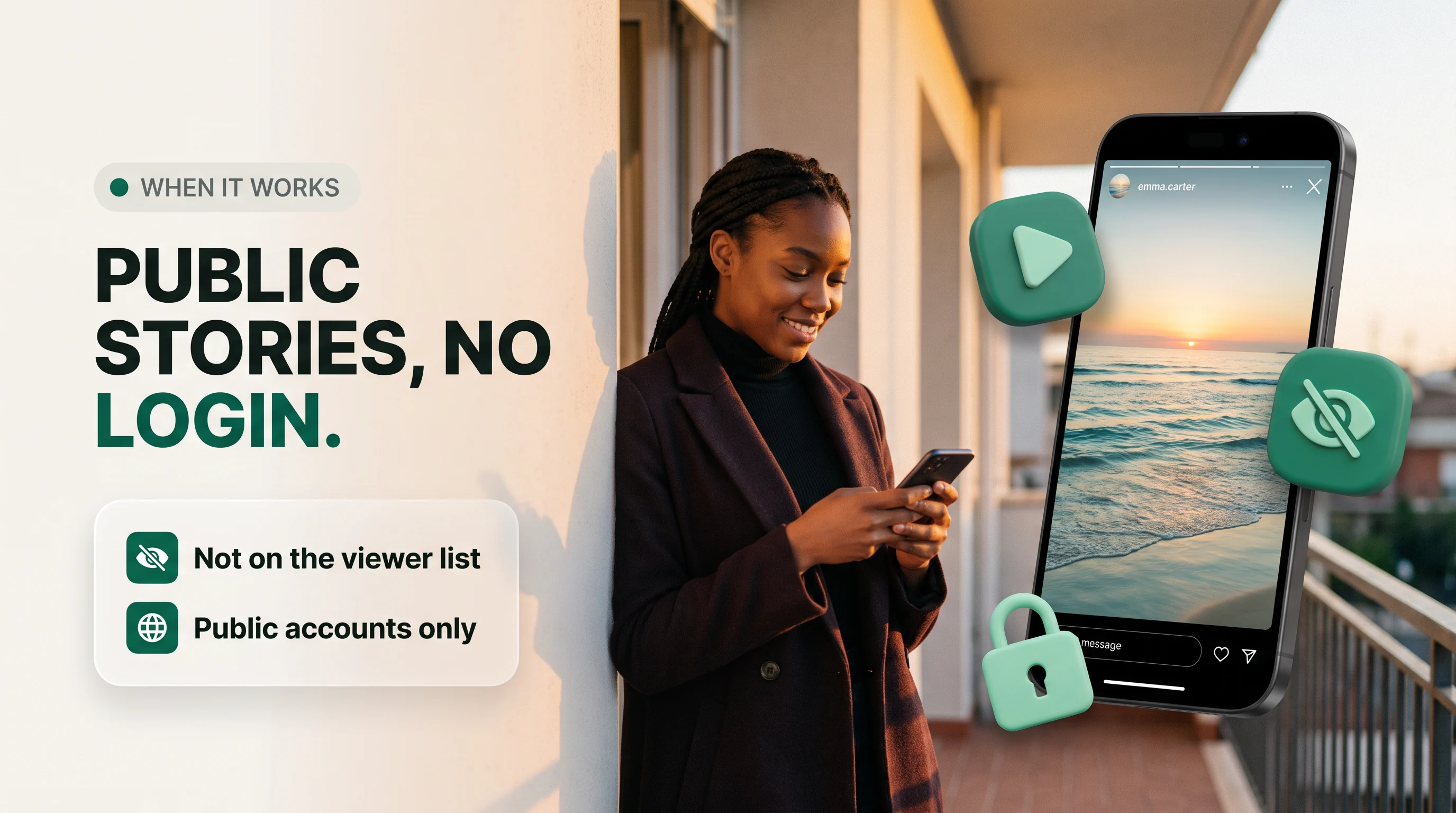 When a viewer works: a public story plays, no Instagram login, not on the viewer list