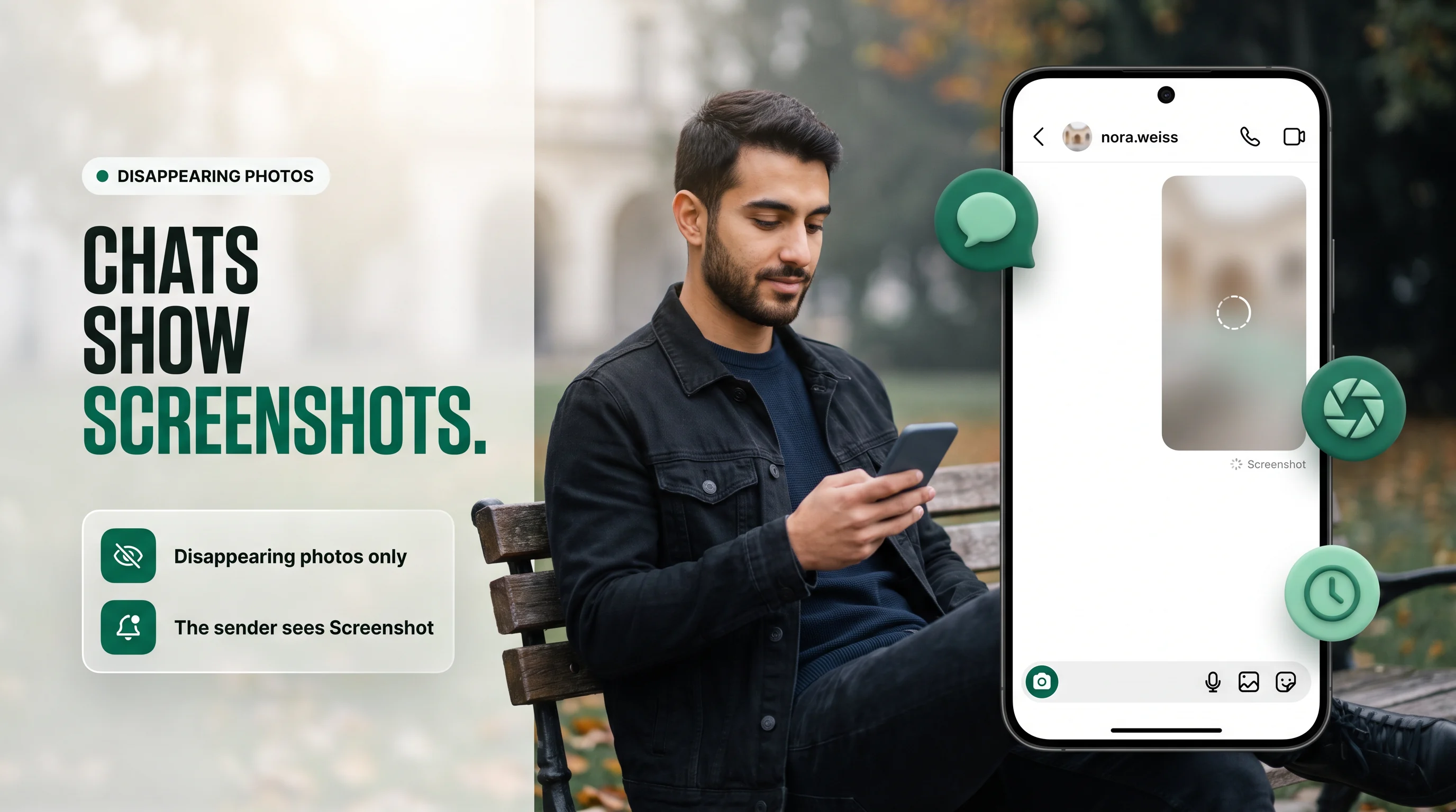 Chats show screenshots: disappearing photos only, the sender sees Screenshot under the photo