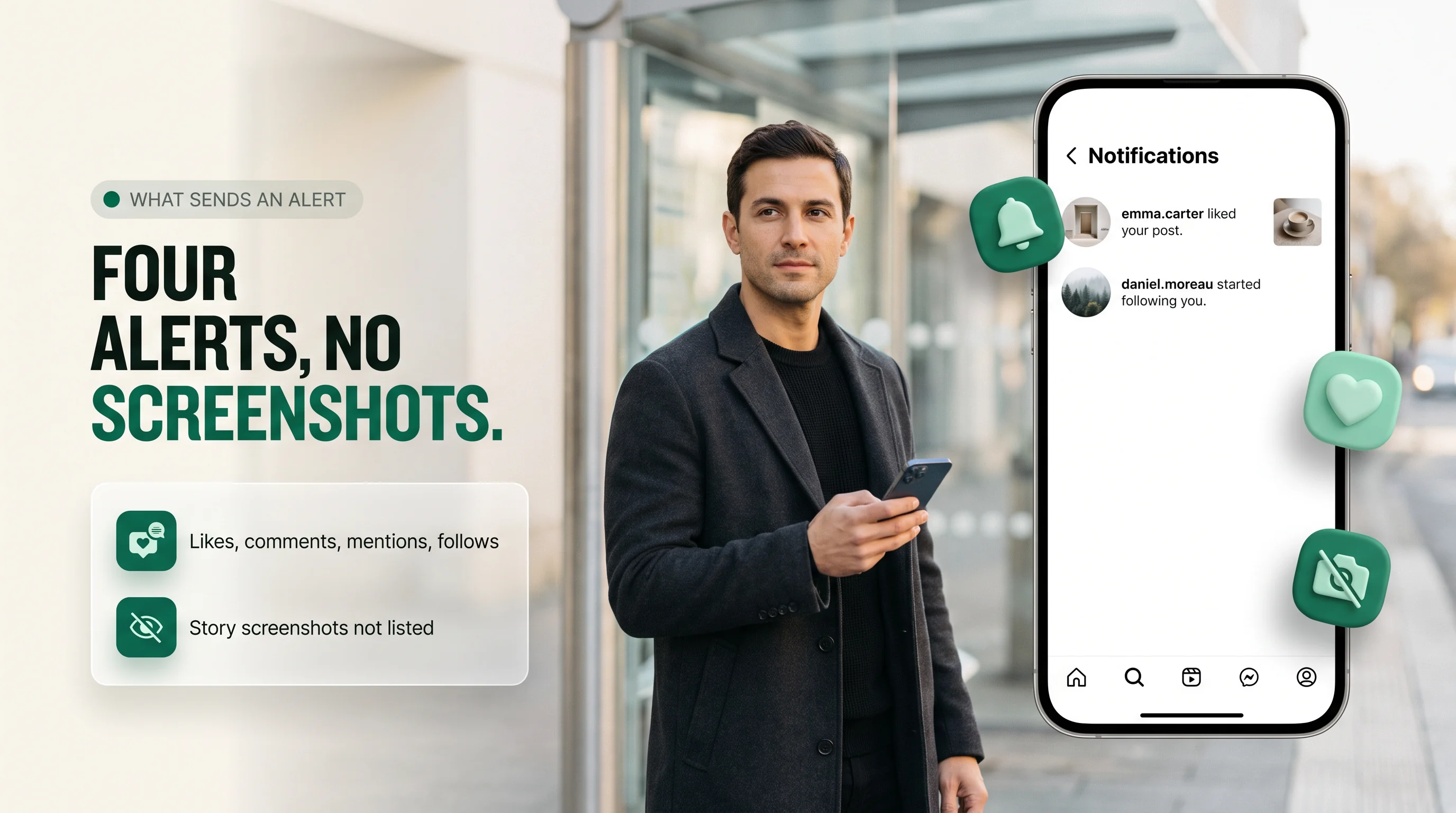 What sends an alert: likes, comments, mentions and follows; story screenshots are not listed. A phone shows Instagram's Notifications screen