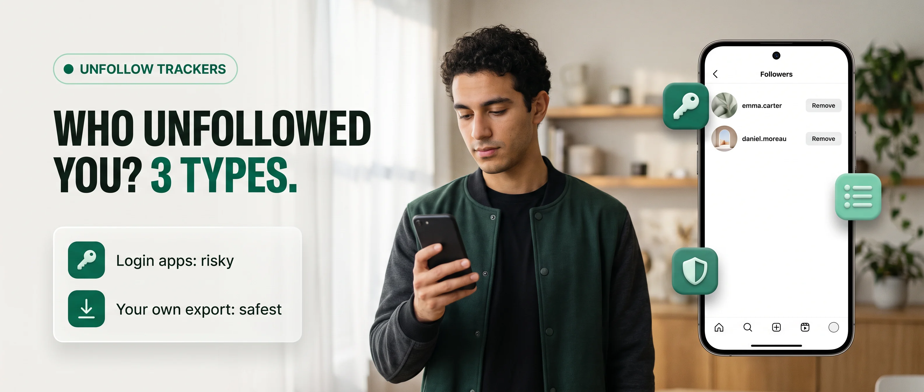 Who unfollowed you? Three types of tracker: login apps are risky, your own export is safest. A phone shows Instagram's Followers list