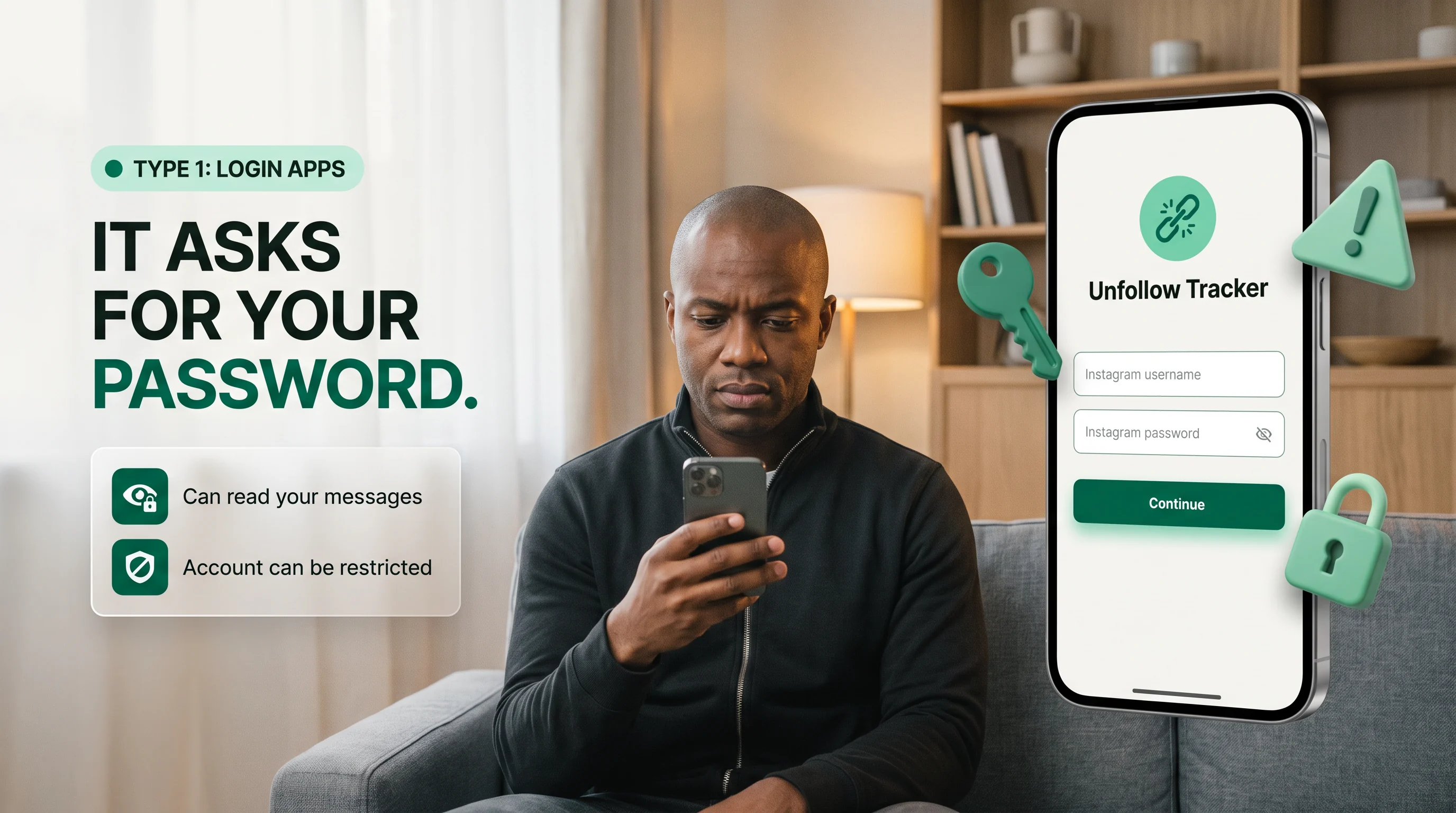 A login app asks for your Instagram username and password; it can read your messages and your account can be restricted