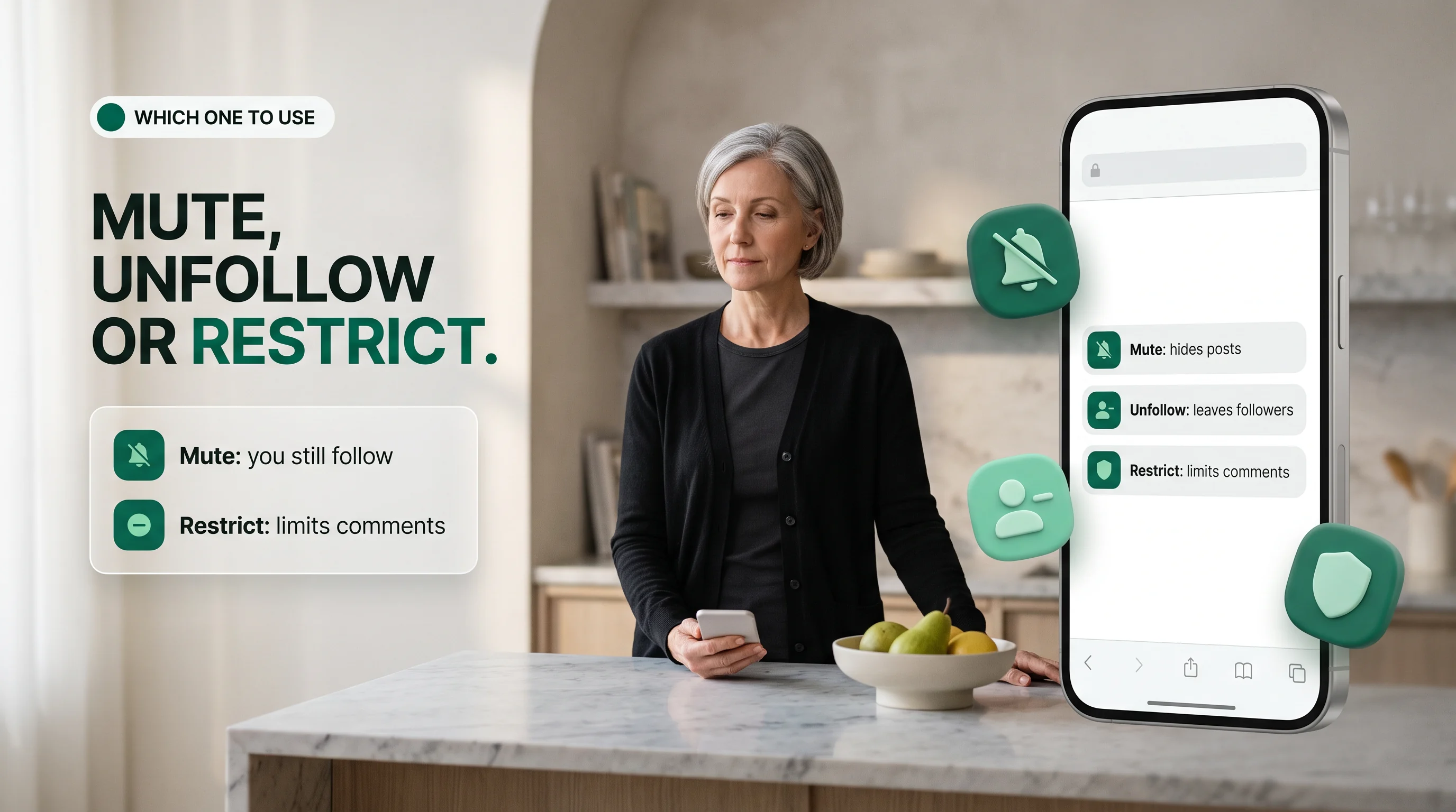 Mute hides posts, unfollow leaves their followers, restrict limits comments