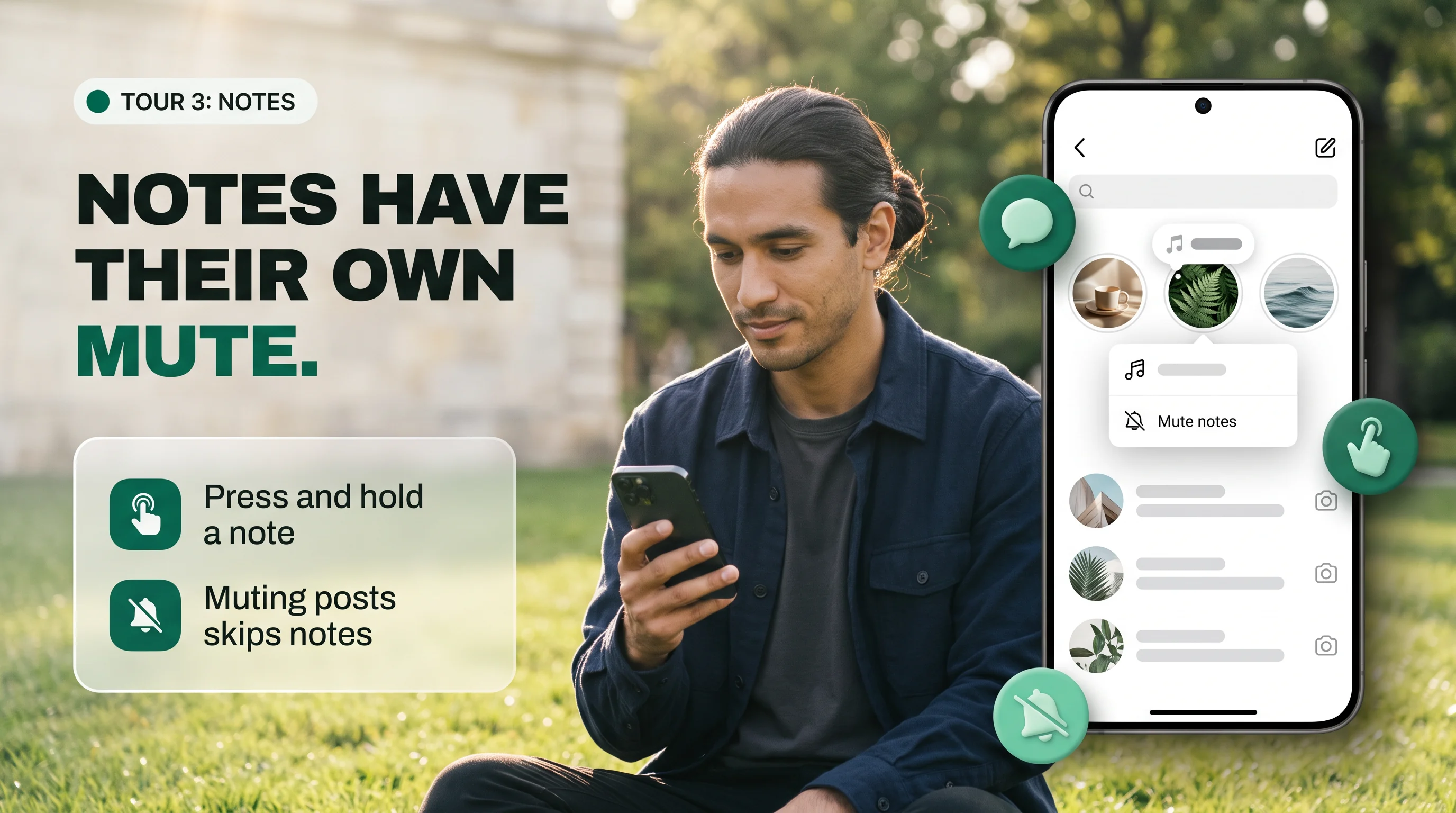 Notes have their own mute: press and hold a note in Messages, then Mute notes