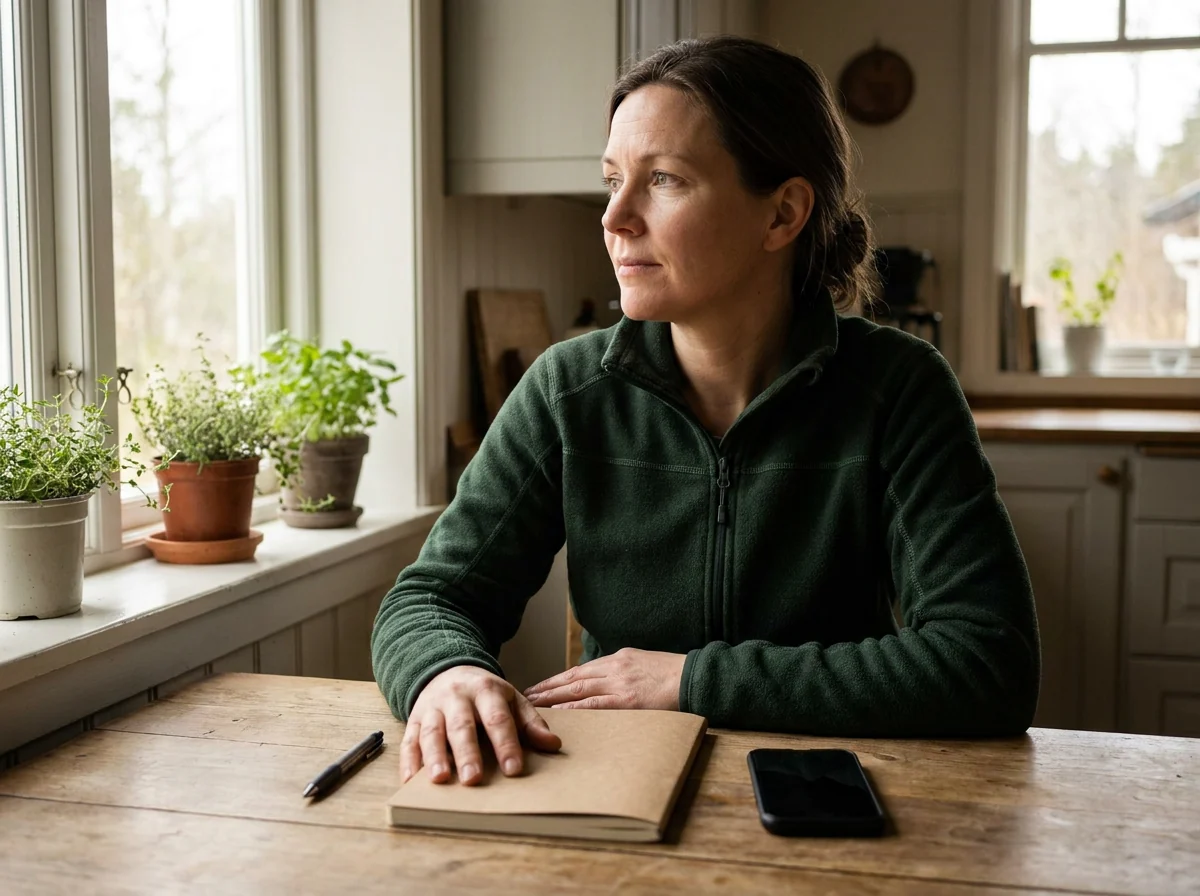 A woman at a kitchen table with a closed notebook and her phone face-down