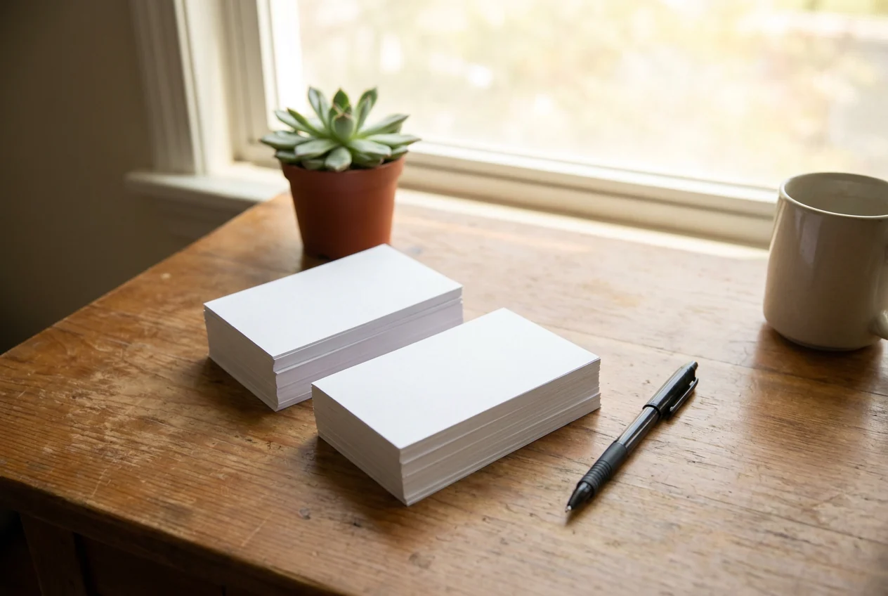 Two stacks of blank index cards and a pen on a wooden desk
