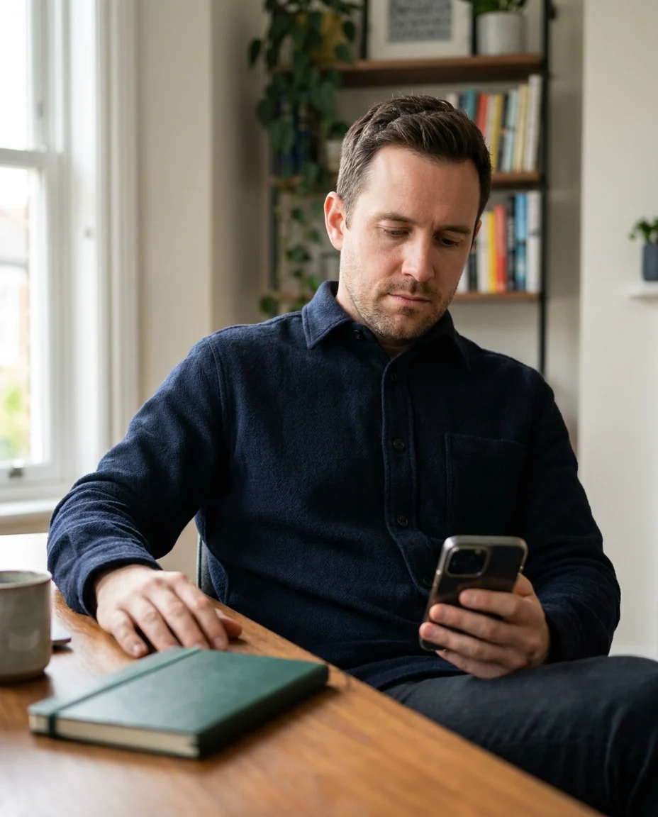 A man at his desk checking his follower list on a phone