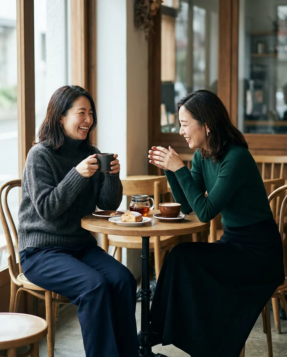 A café table with two people talking over coffee
