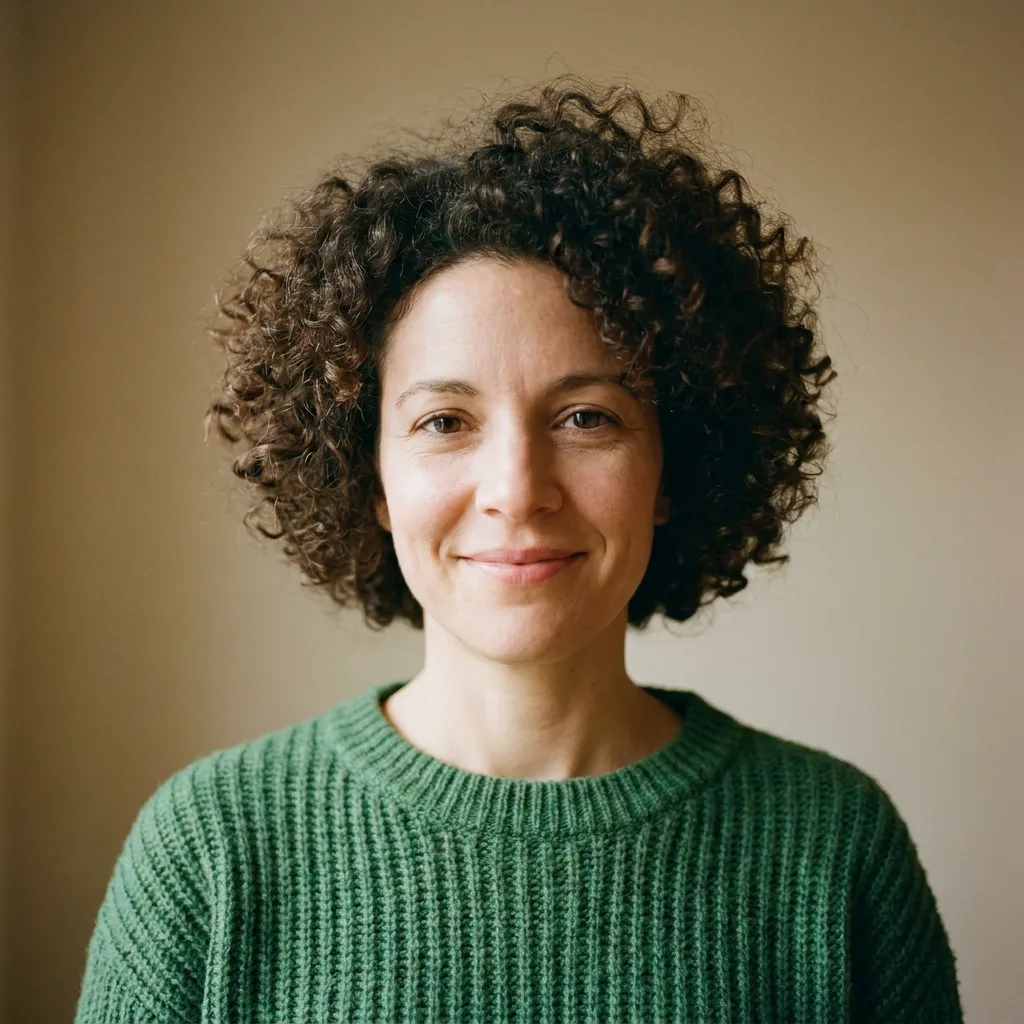 Example profile picture at full size: portrait of a woman with short curly hair in a green sweater
