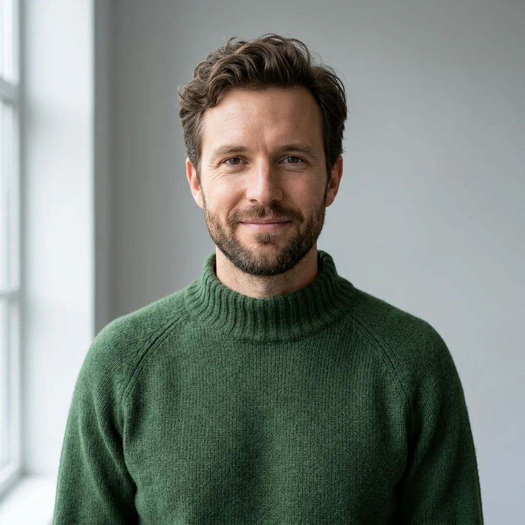 Example profile picture: portrait of a man with a trimmed beard in a green top