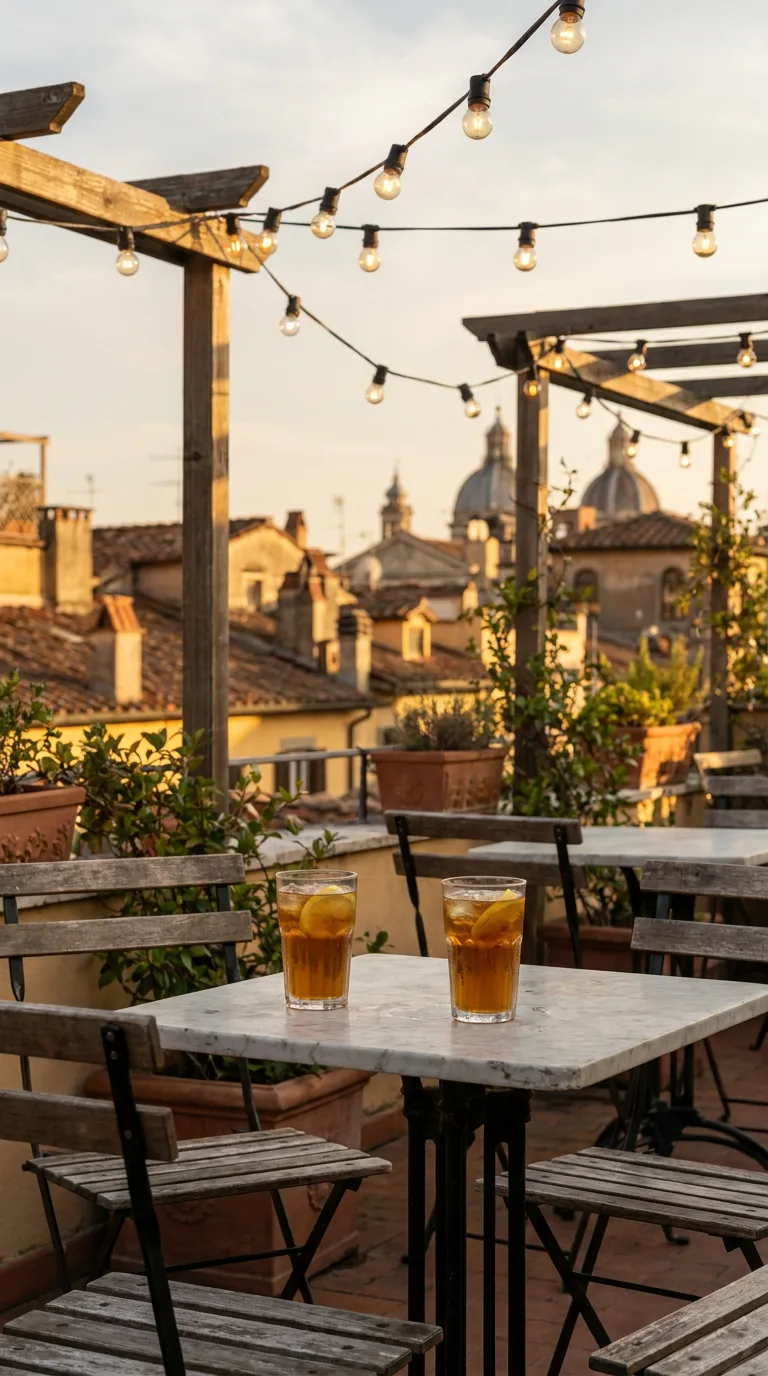 Example story: a rooftop café terrace at golden hour