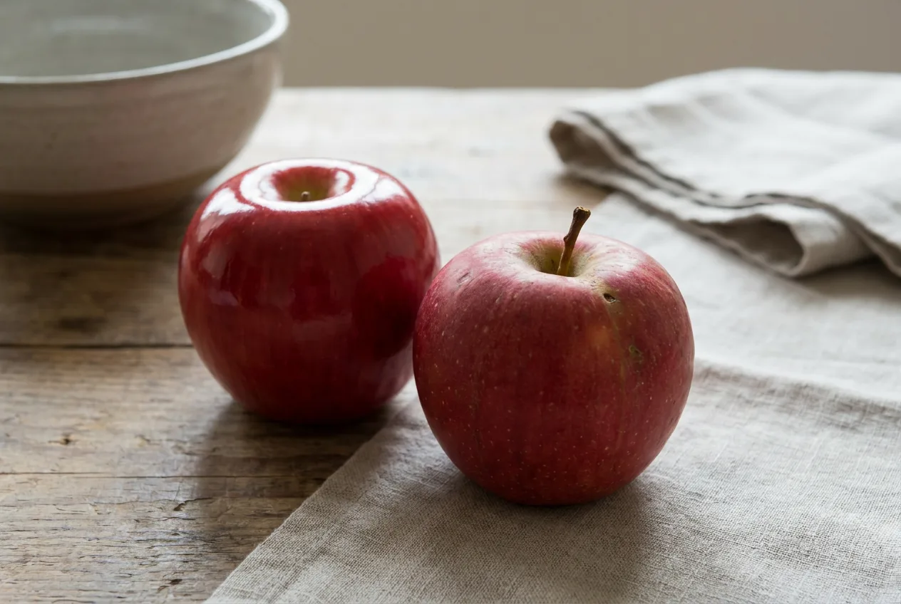 Two similar apples, one wax and one real, on a table
