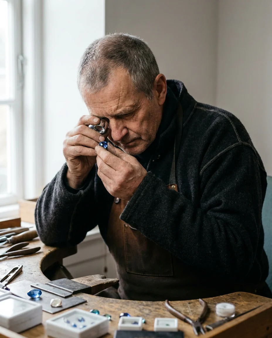 A jeweller examining a stone with a loupe