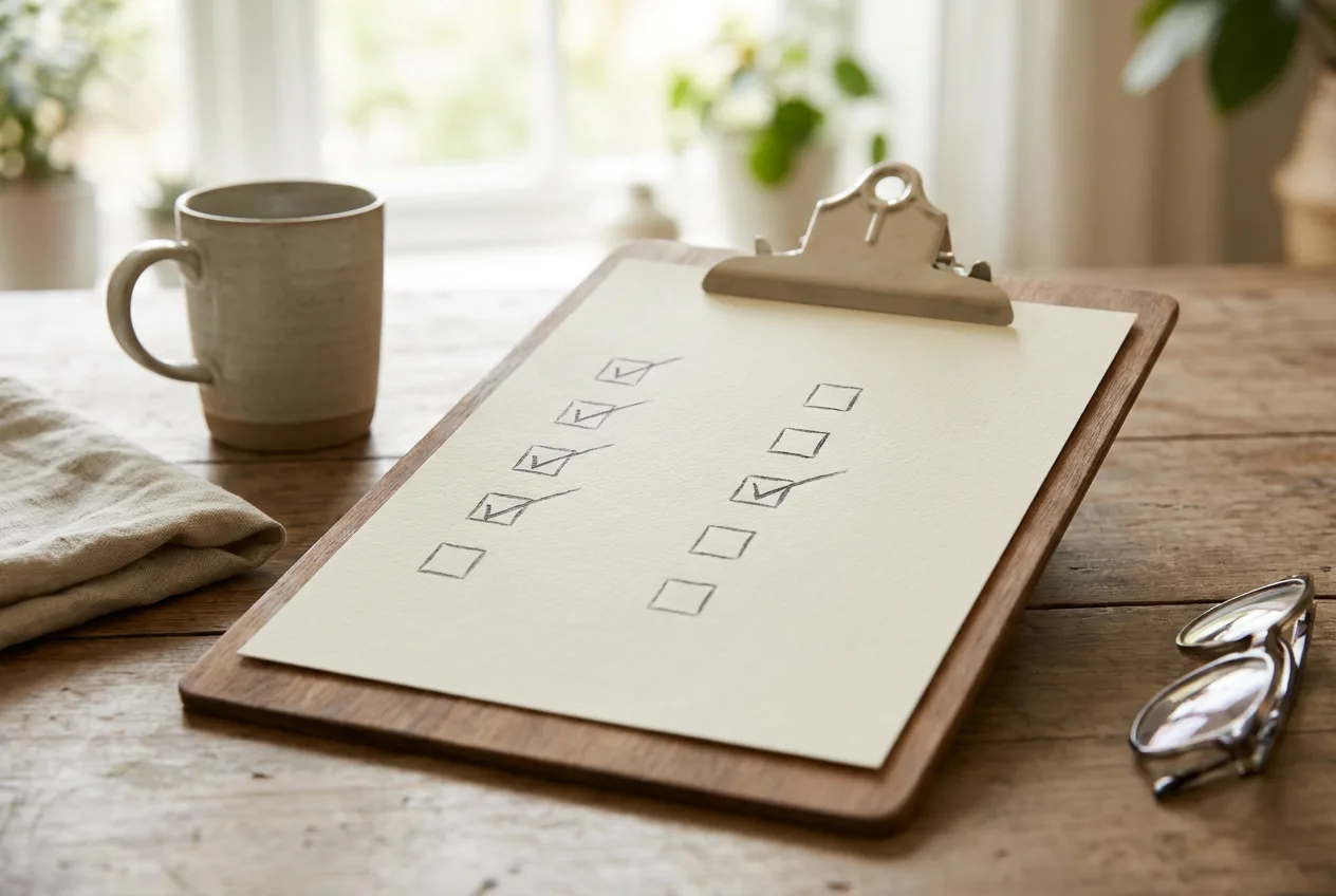 A clipboard with a ticked checklist and no readable text