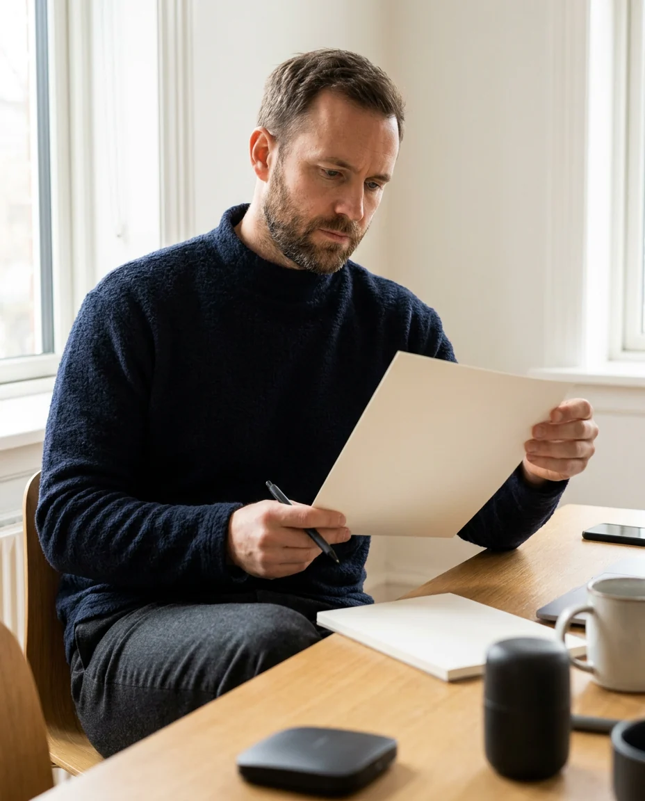 A man reviewing a printed list with a pen at a desk