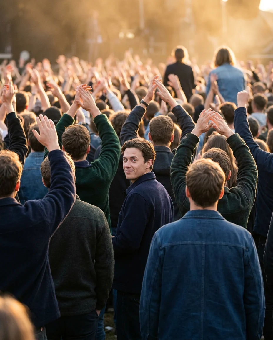 A concert crowd seen from behind at sunset