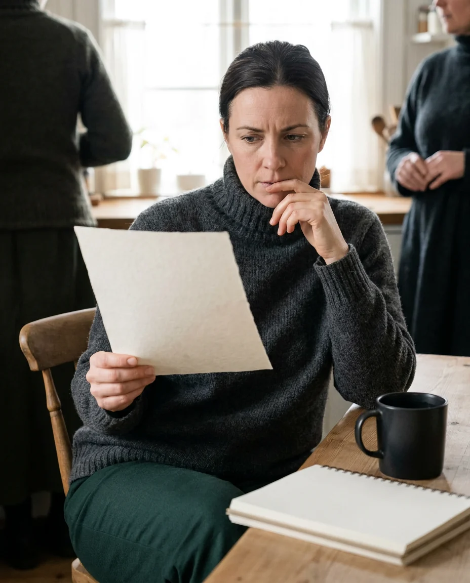 A woman reading terms on a printed sheet at a kitchen table