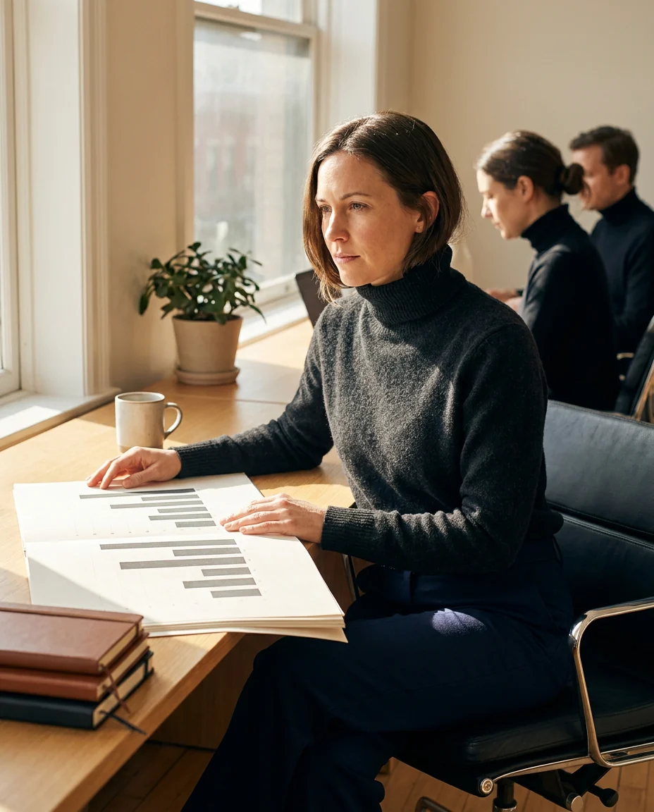 A woman reviewing printed charts at a sunlit desk