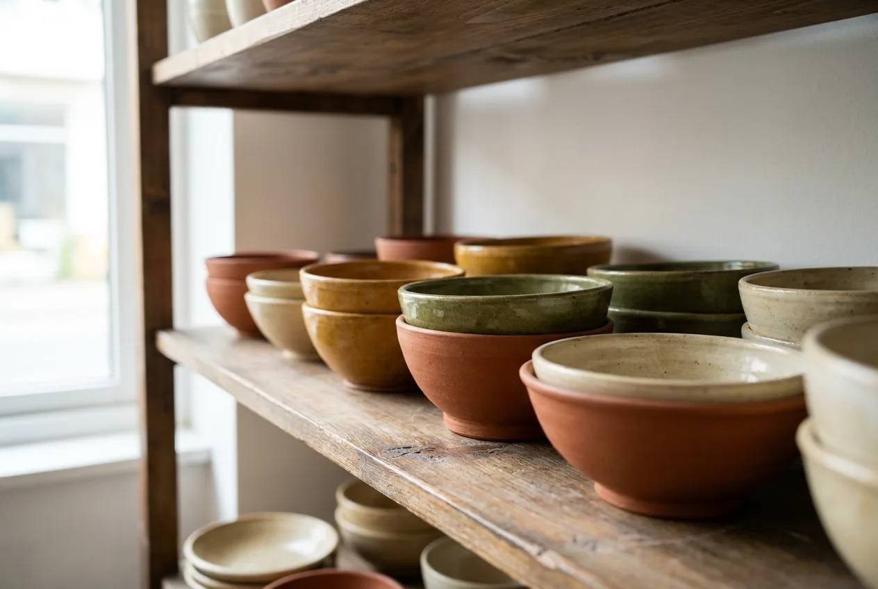 Handmade ceramic bowls on a shop shelf