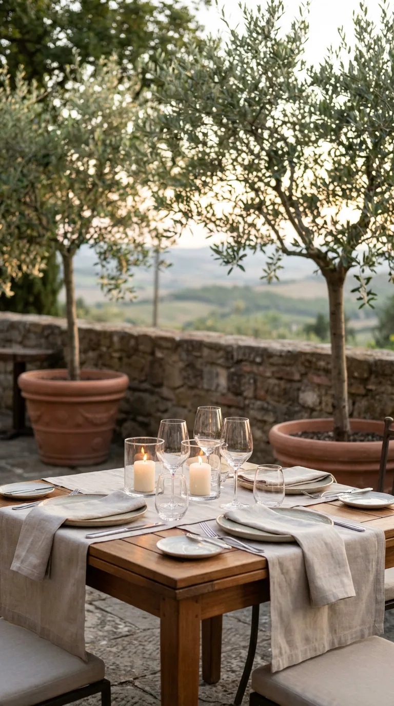 Example highlight: a dinner table set on a terrace at dusk