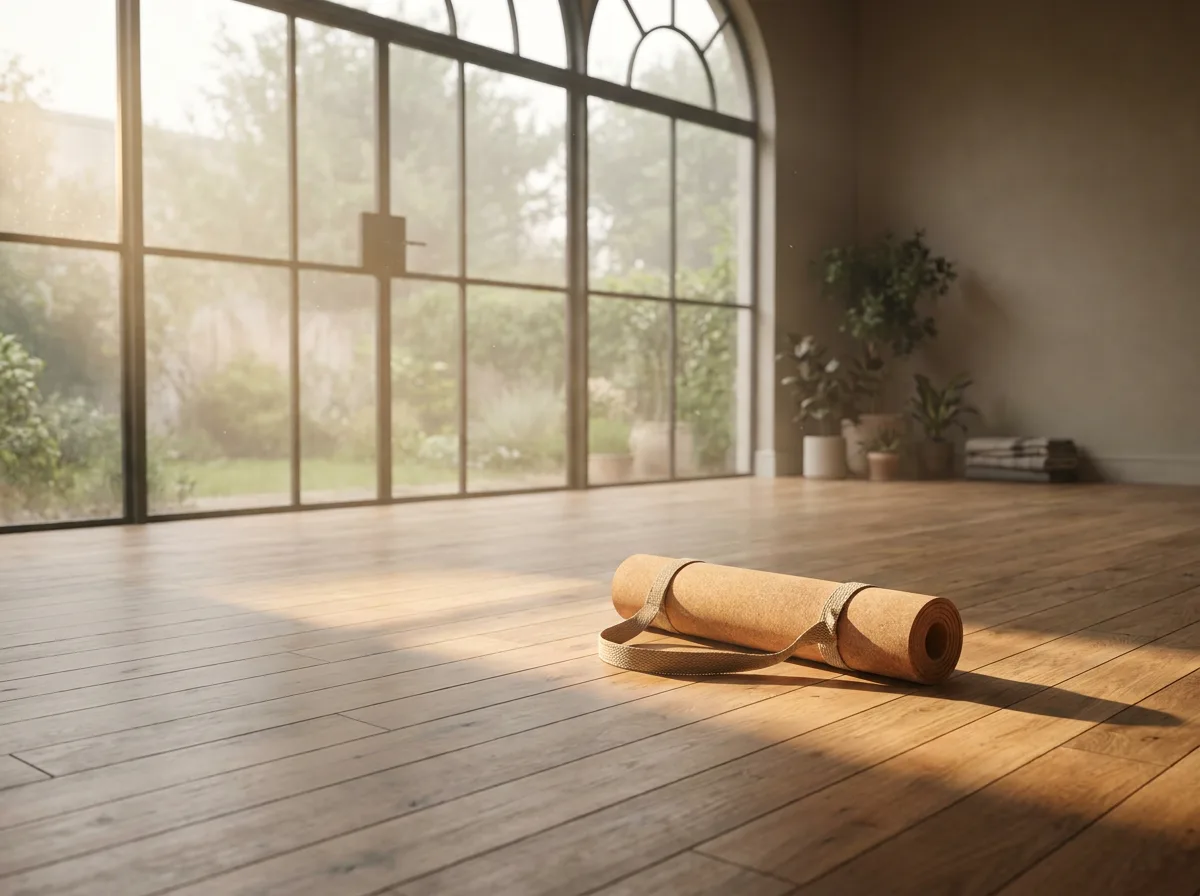 An empty yoga studio with a rolled mat on the floor