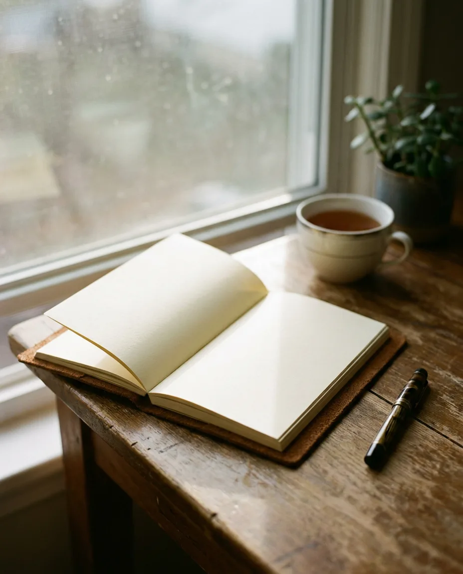 An open notebook and a fountain pen by a window