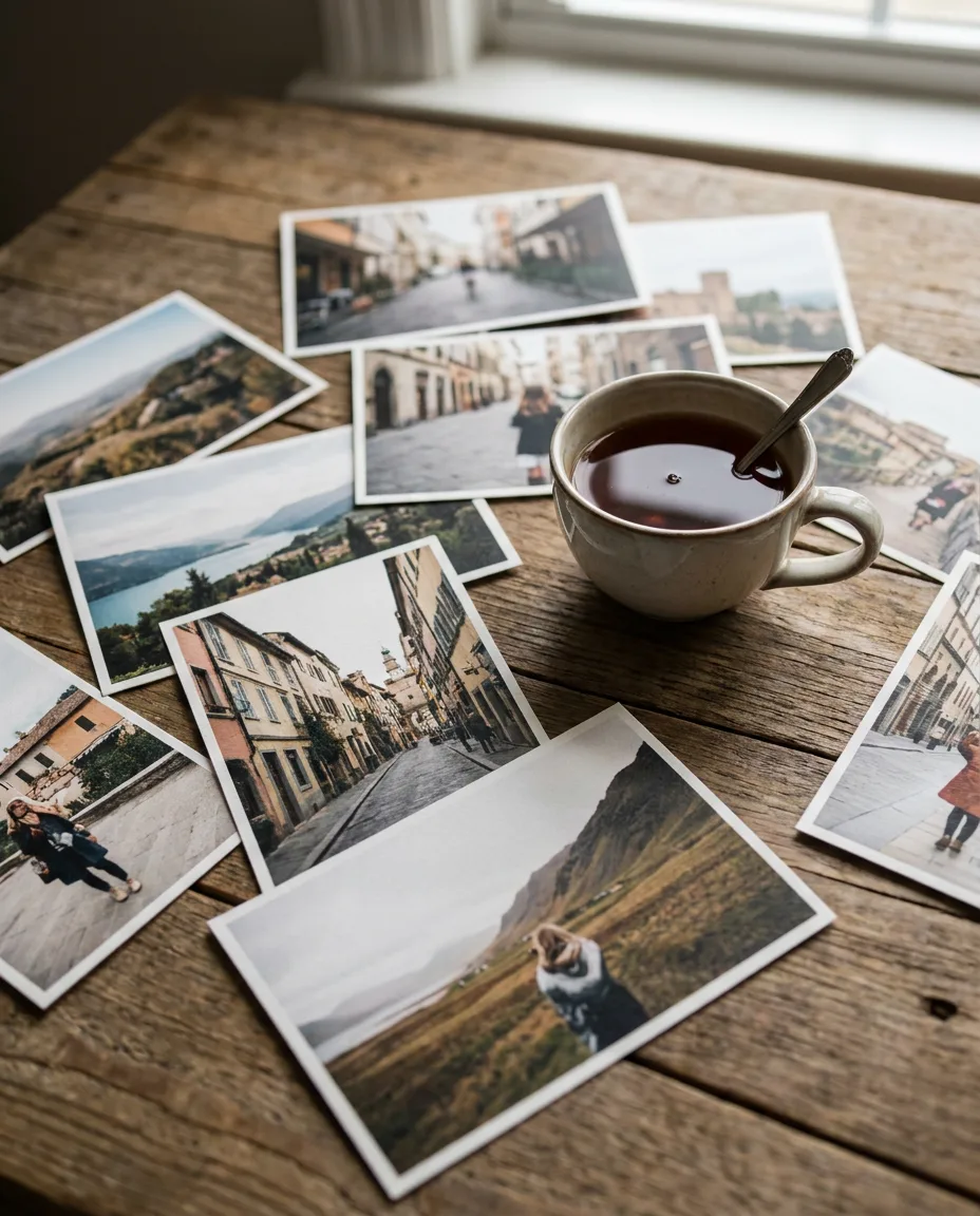 Printed travel photos and a cup of tea on a wooden table
