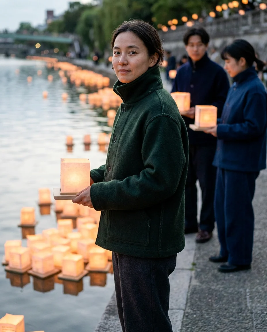 Lanterns along a riverside at dusk