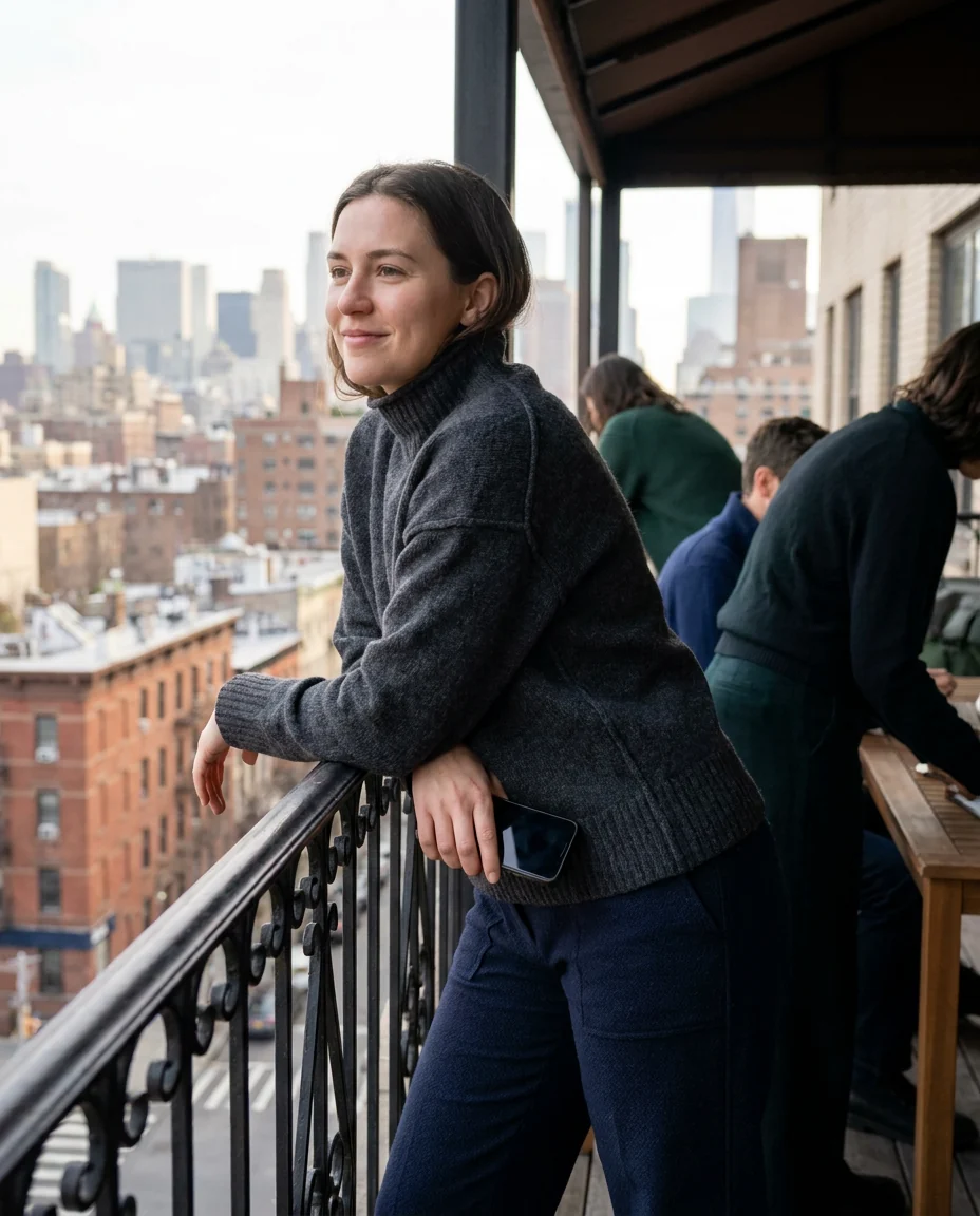 A woman holding a phone on a balcony above the city