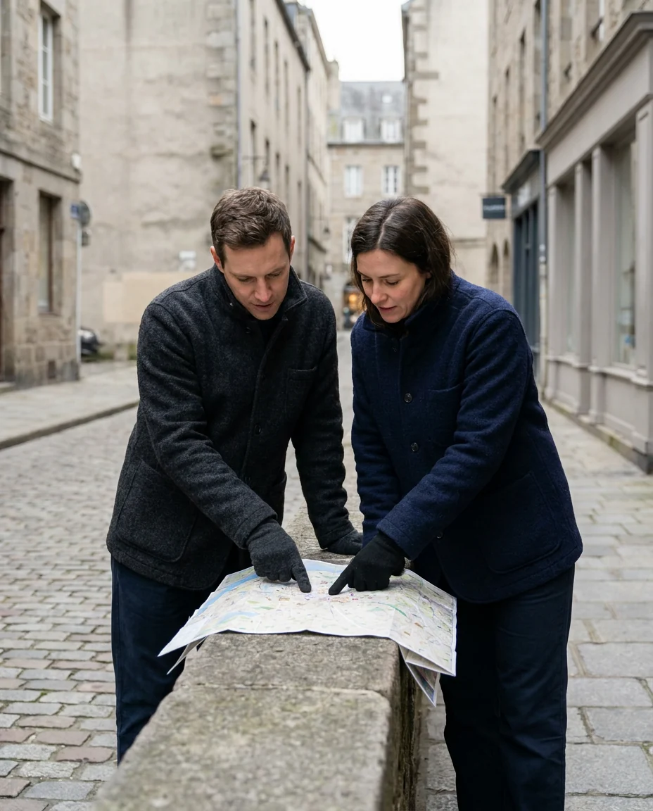 A couple looking at a map on a city street