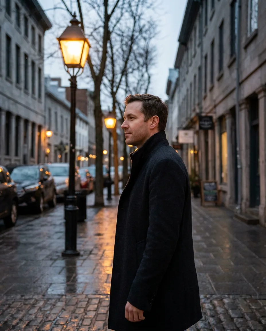 A man in a dark coat walking down a quiet evening street