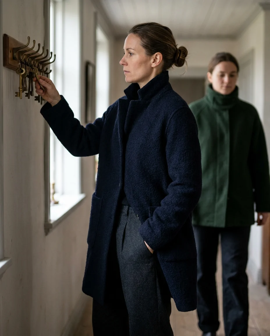 A woman choosing among several keys on a hook rack