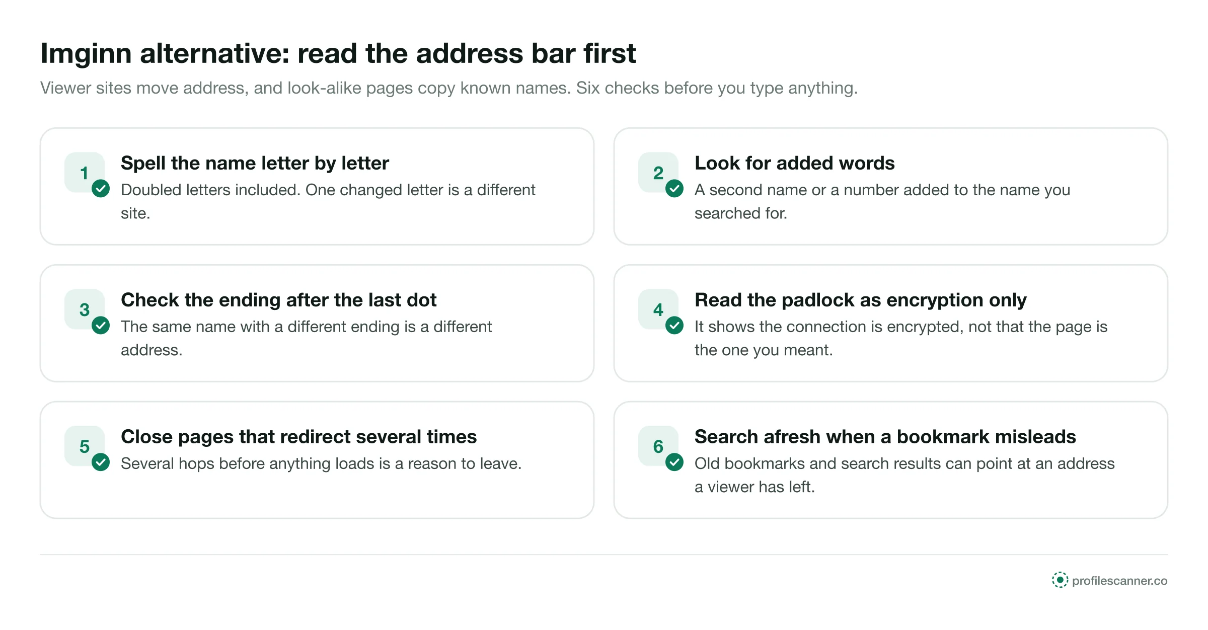 Six address bar checks: spelling, added words, the ending, the padlock, redirects and old bookmarks