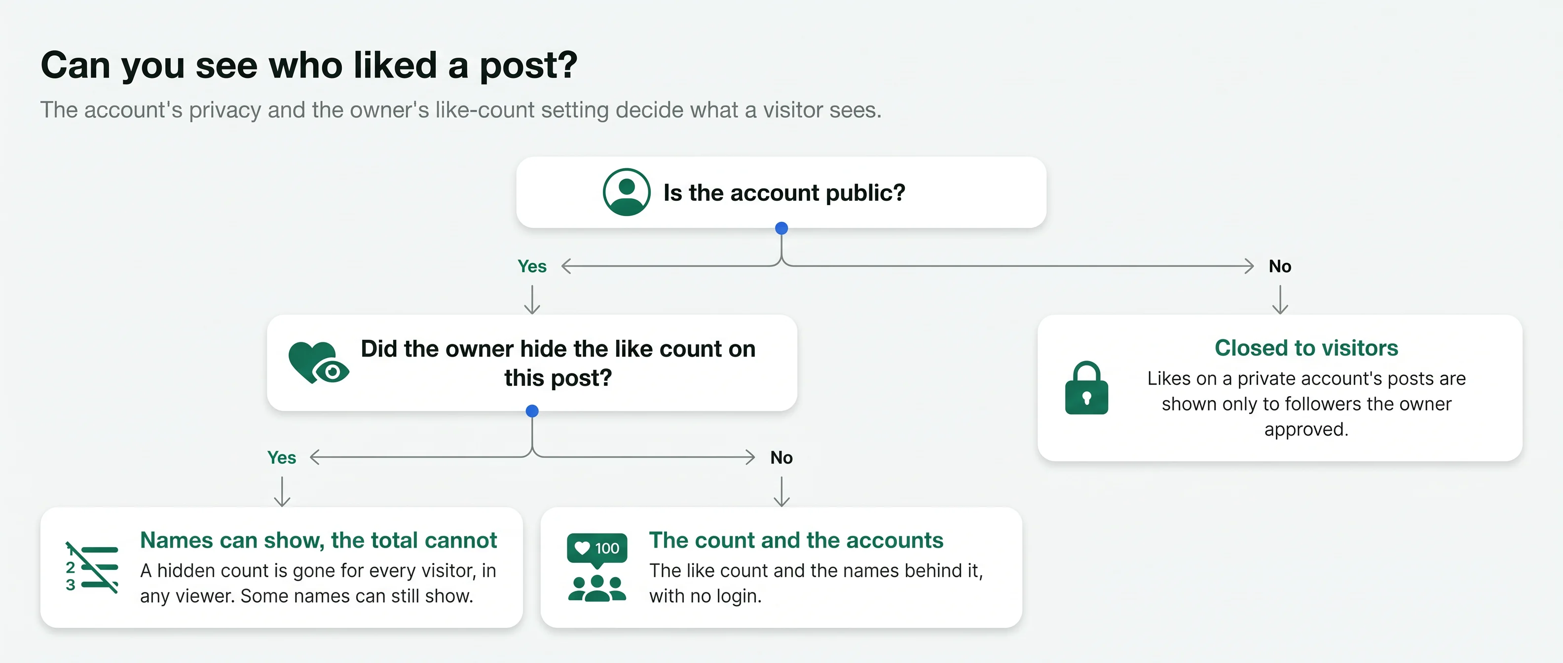 Decision tree: private account, likes closed; public with a hidden count, some names; public, count and names shown