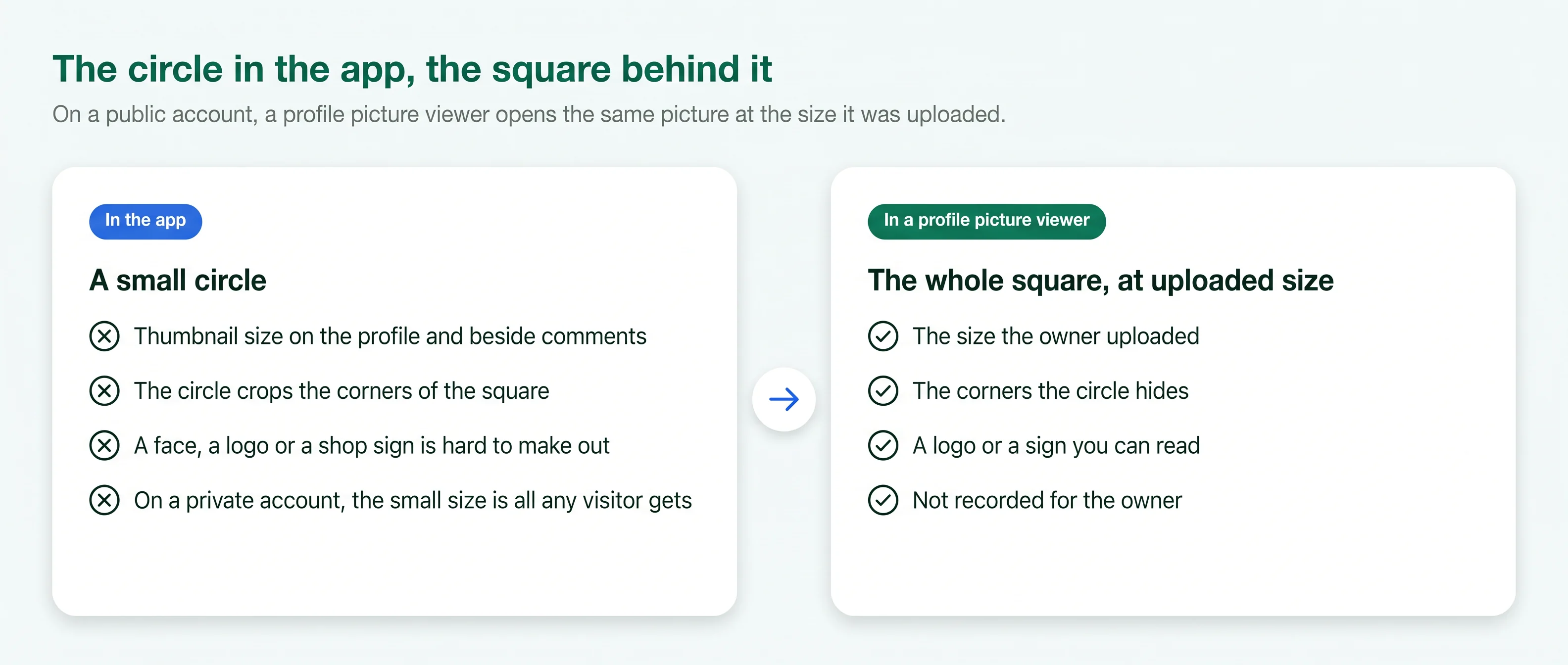 Before and after: a profile picture as a small circle in the app, and as the full uploaded square in a viewer