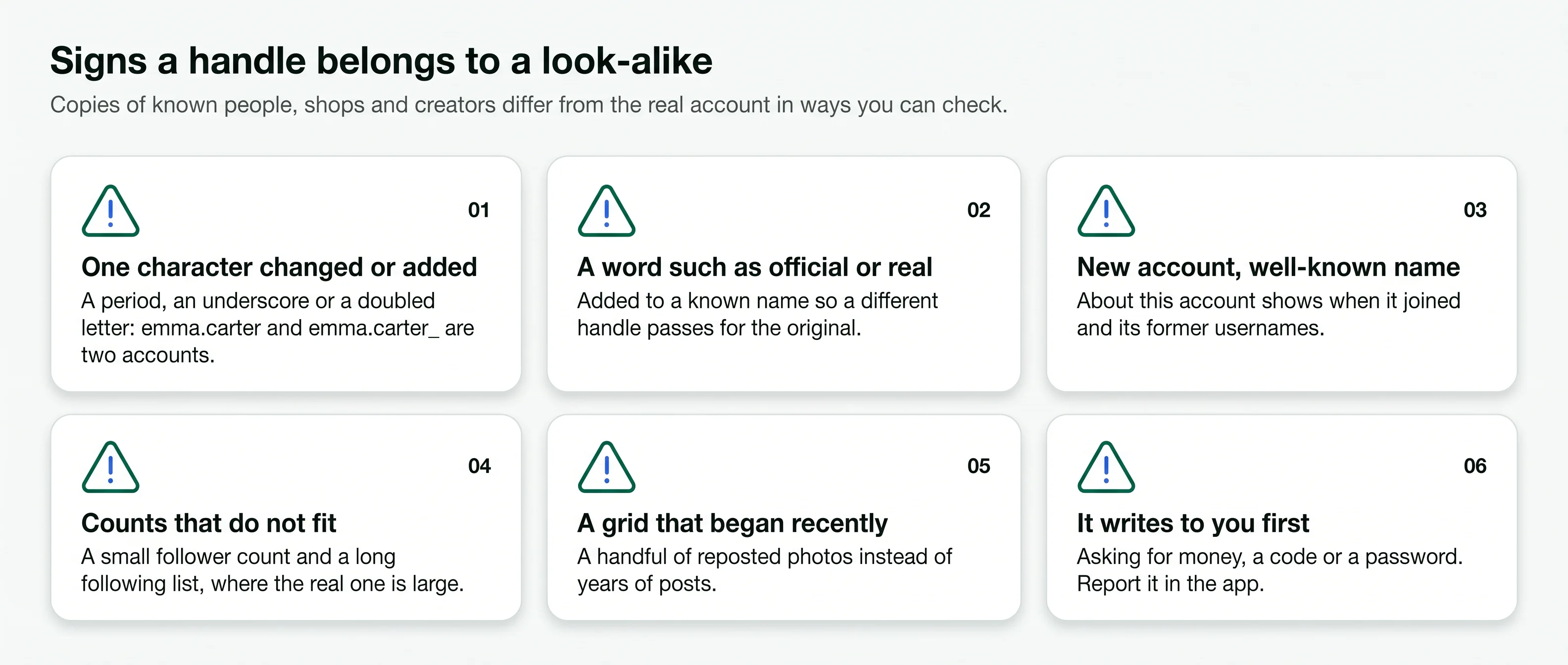 Six signs of a look-alike Instagram account: a changed character, added words, recent start, odd counts, new grid, a message