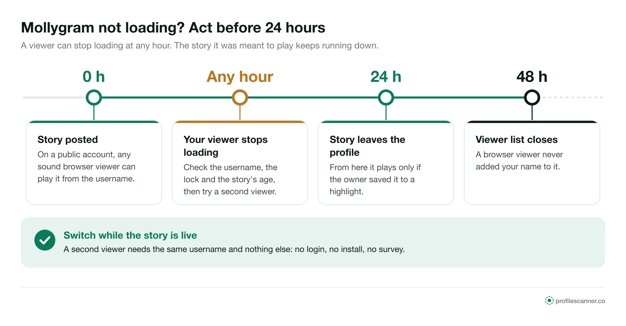 Timeline of a story from 0 h to 48 h, with a viewer failing mid-way and a second viewer used before the 24 hours end