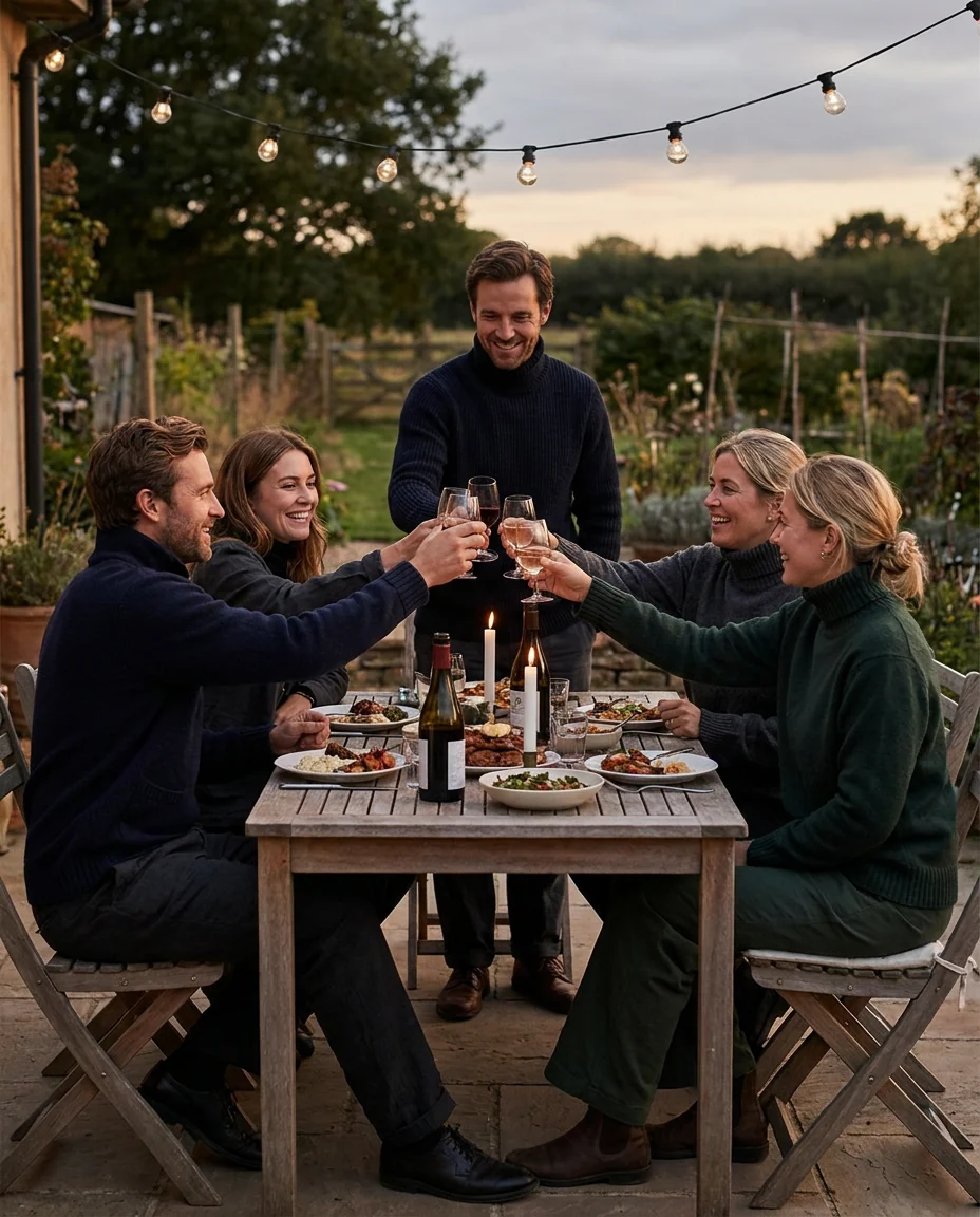 Friends toasting at an outdoor dinner under string lights