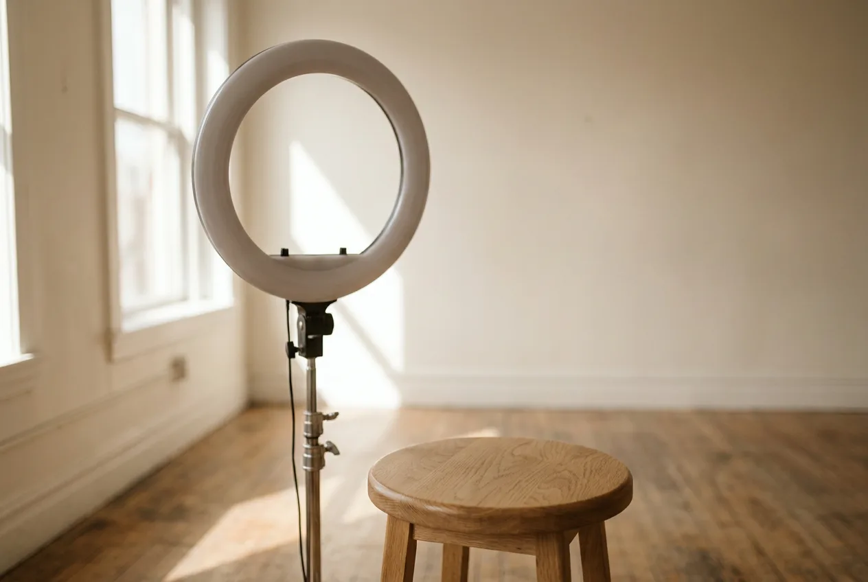 A ring light and a stool in an empty room