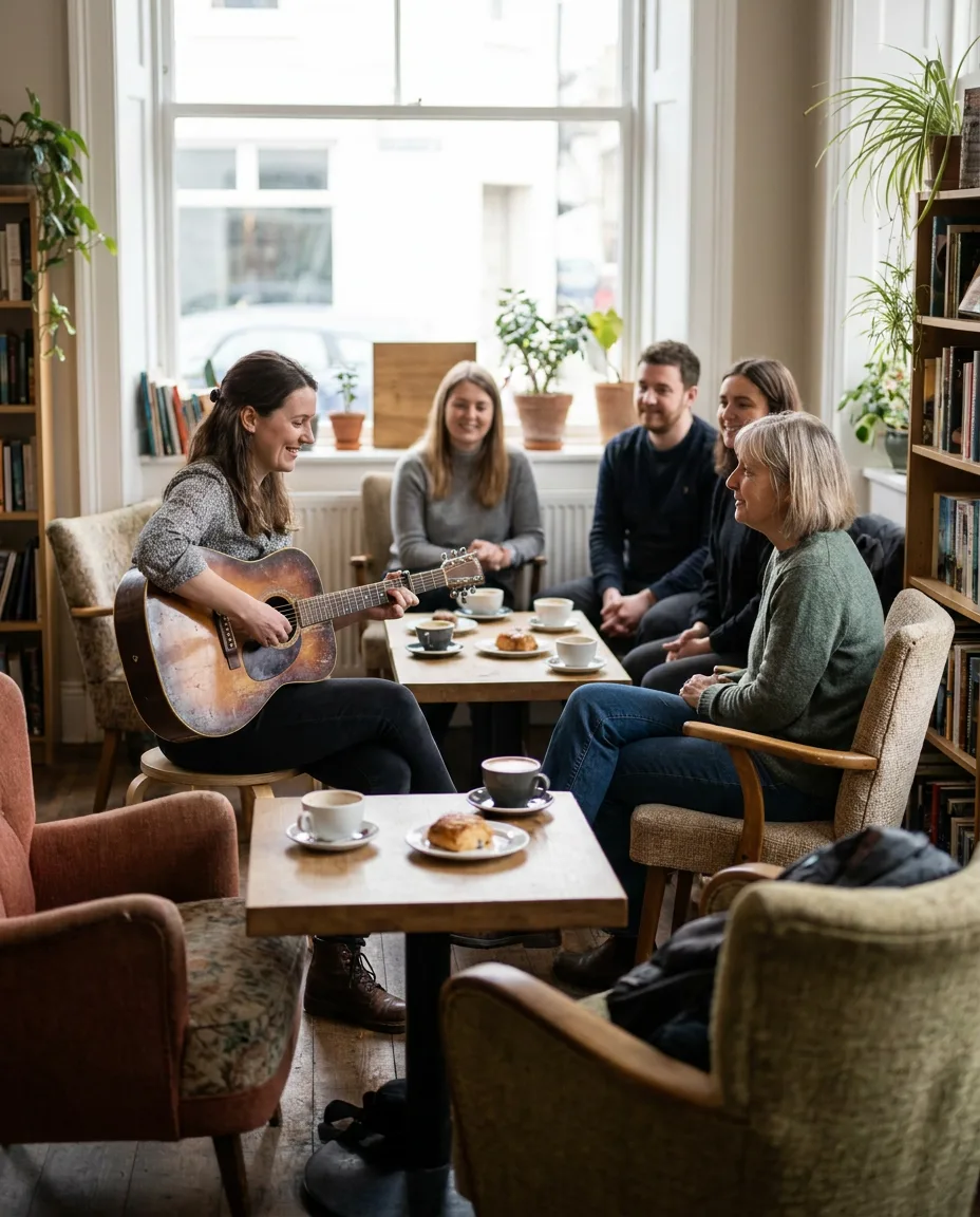 A musician playing guitar to a small crowd in a café