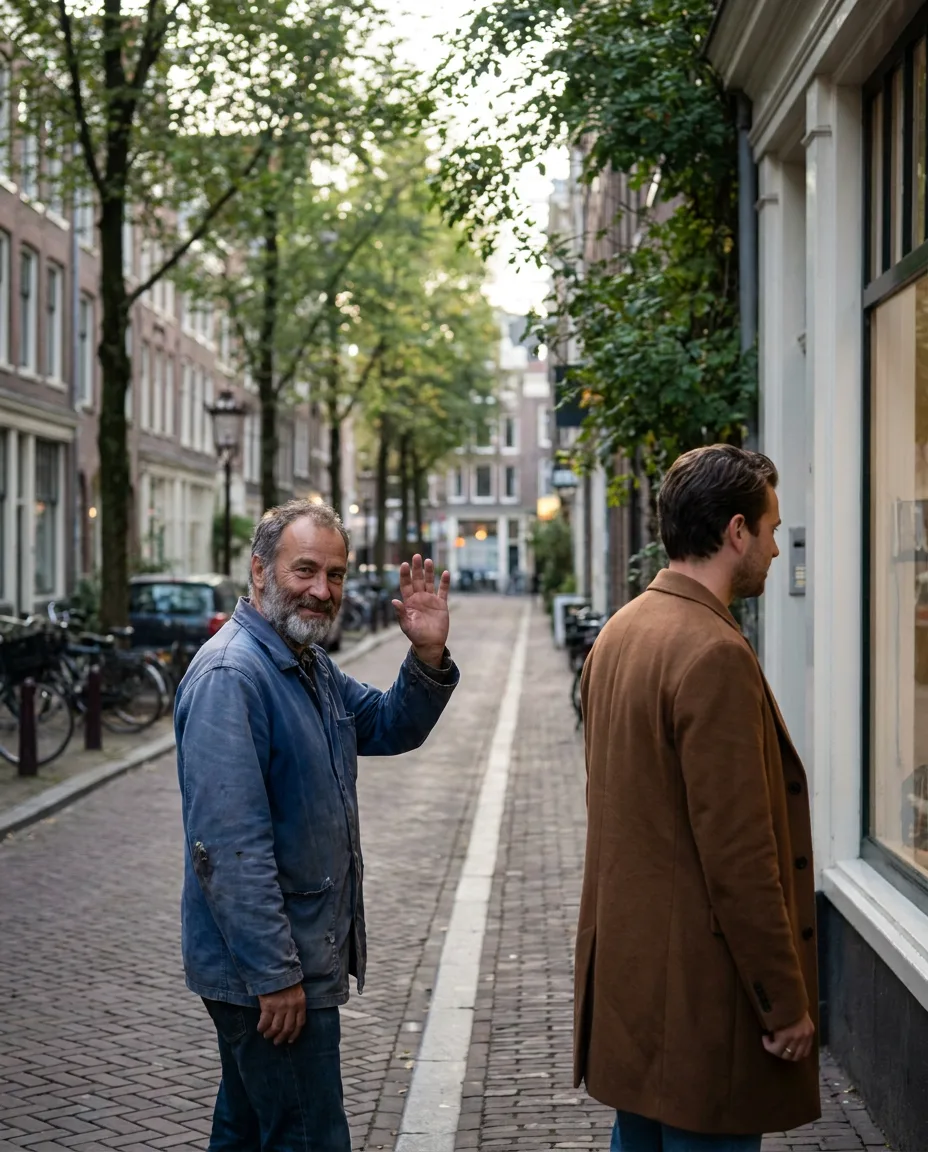 A man waving to a friend across a street who is looking away