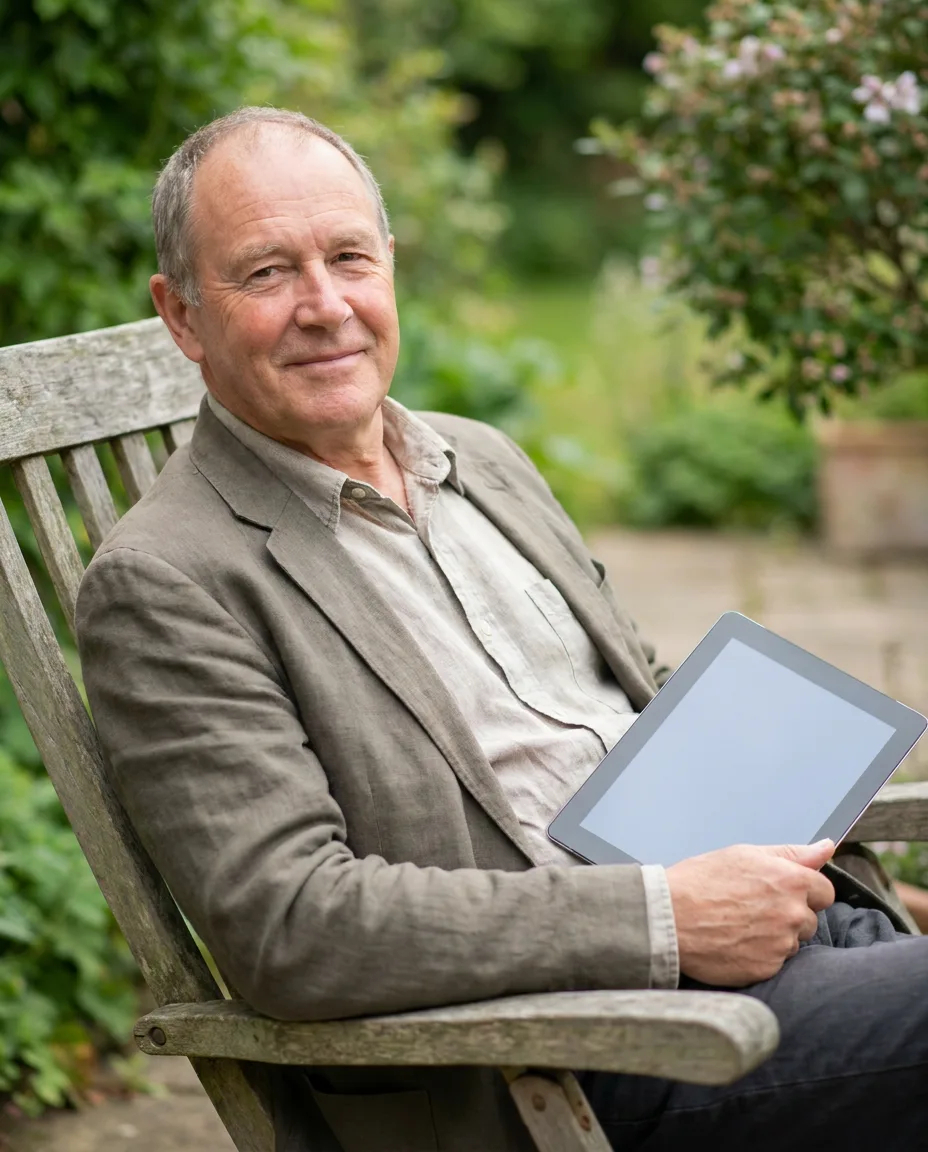 A man in a garden chair reading on a tablet