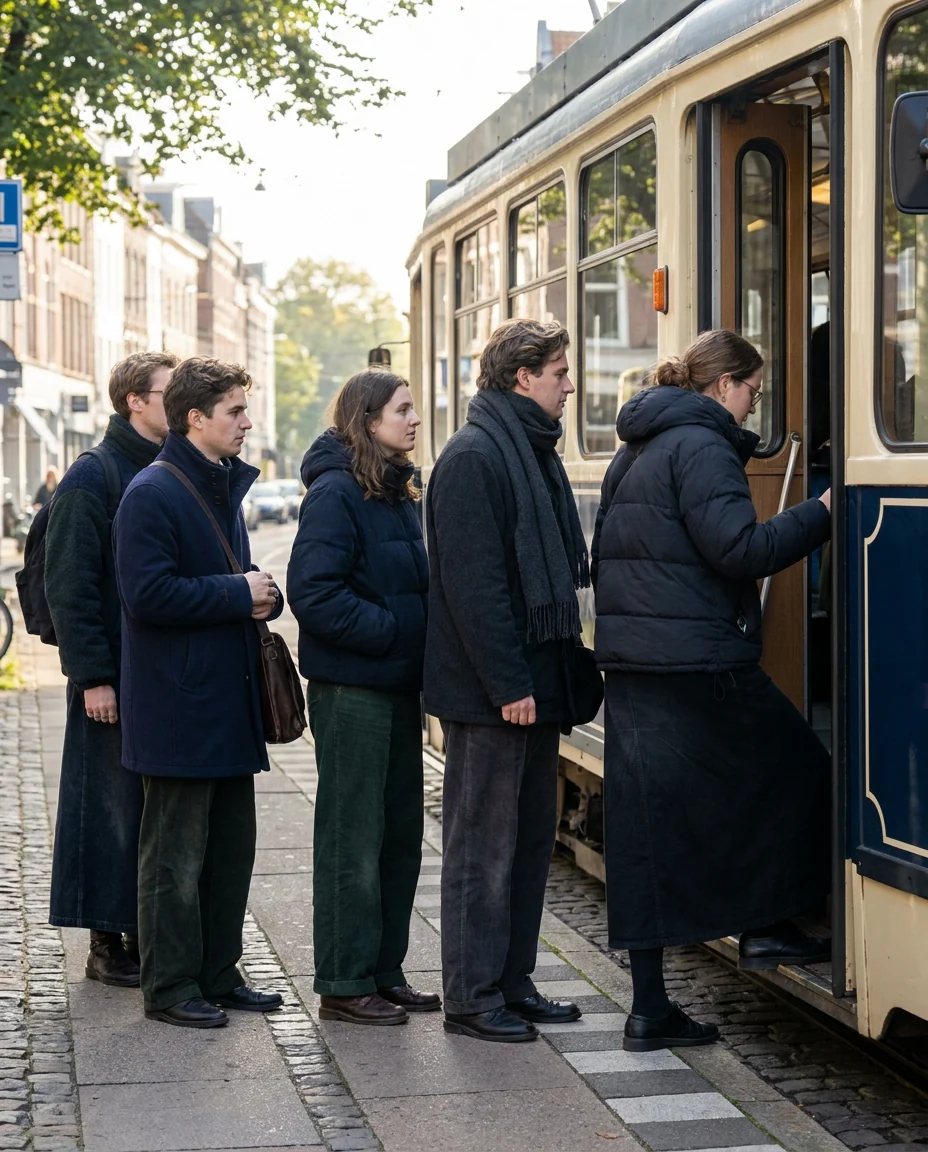 A queue of people boarding a tram