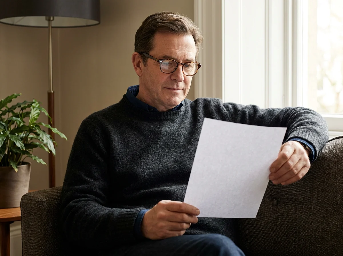 A man with reading glasses reading a sheet of paper on a sofa