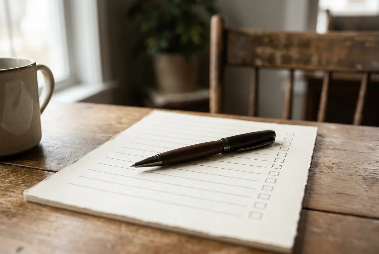 A pen resting on a printed checklist