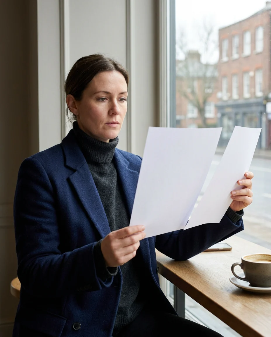 A woman comparing two sheets of paper at a café table