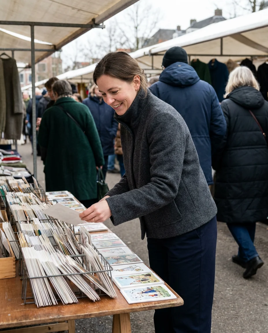 A woman browsing postcards at a street stall