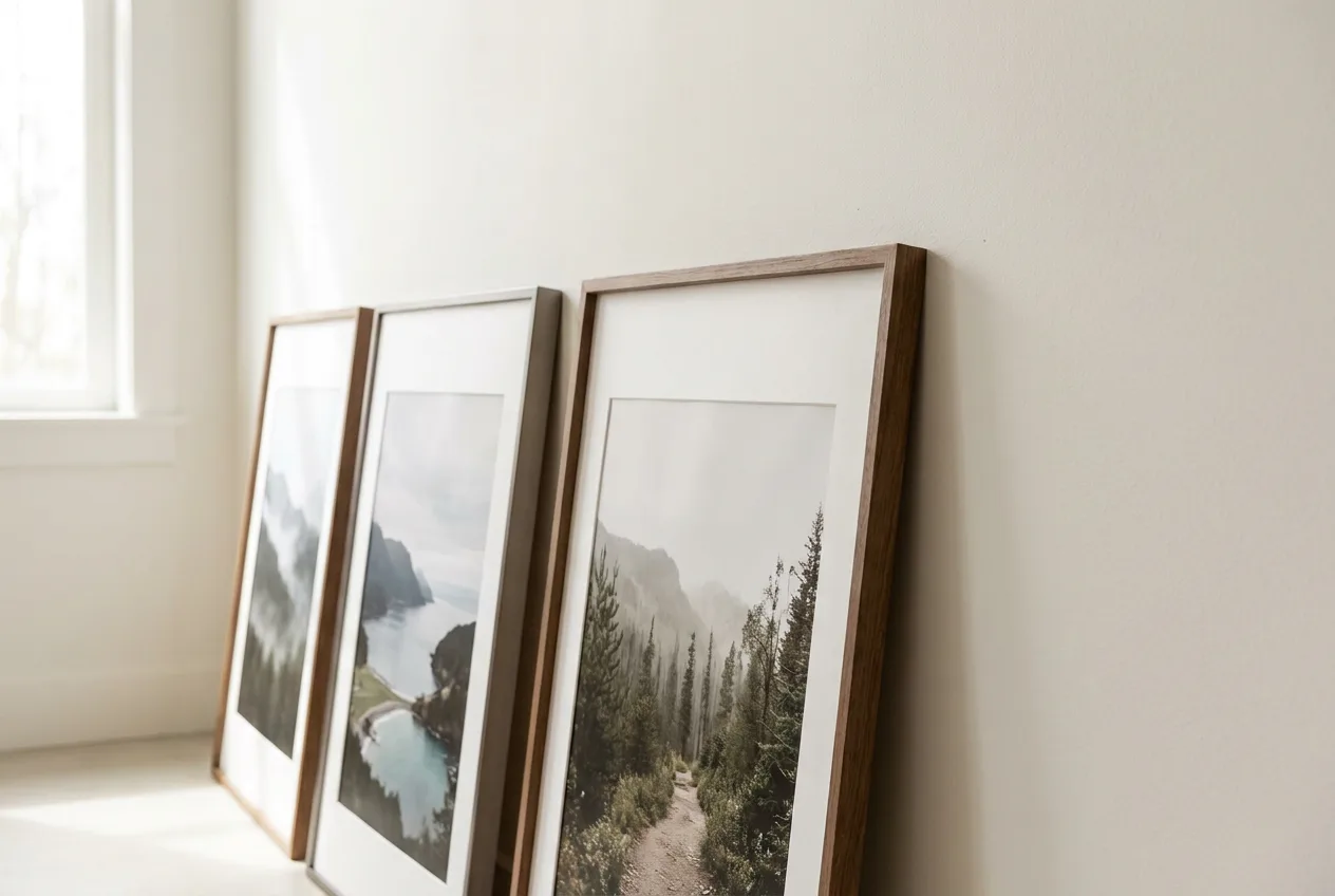 Framed photos leaning against a white wall