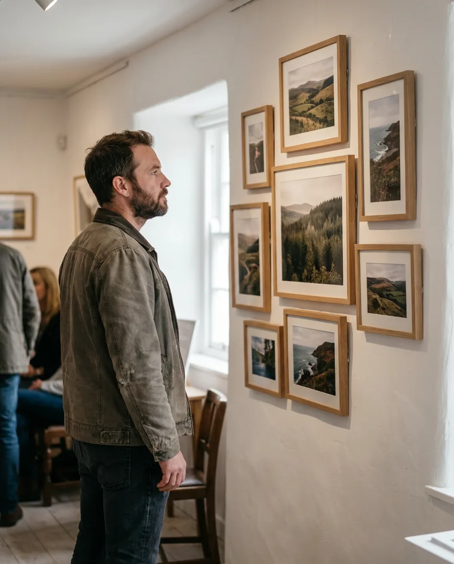 A man looking at a wall of framed photos in a gallery